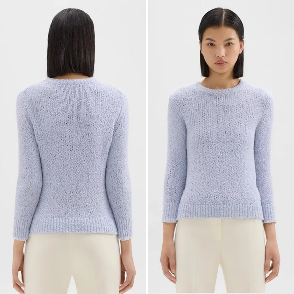 Theory Sweaters - Theory Shrunken Crew Feathered Cotton Linen  Sweater Light Blue Size S